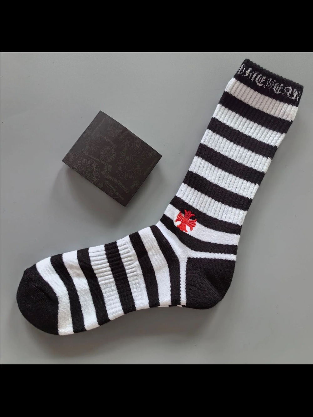 Chrome Hearts Black & White Striped Crew Sock with Red Emblem